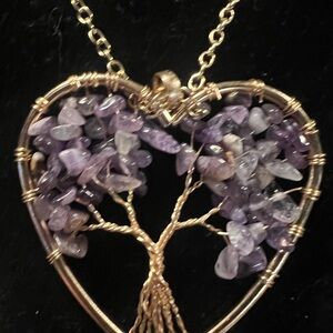 Gold Heart Tree of Life Necklace with Purple Stone Chips